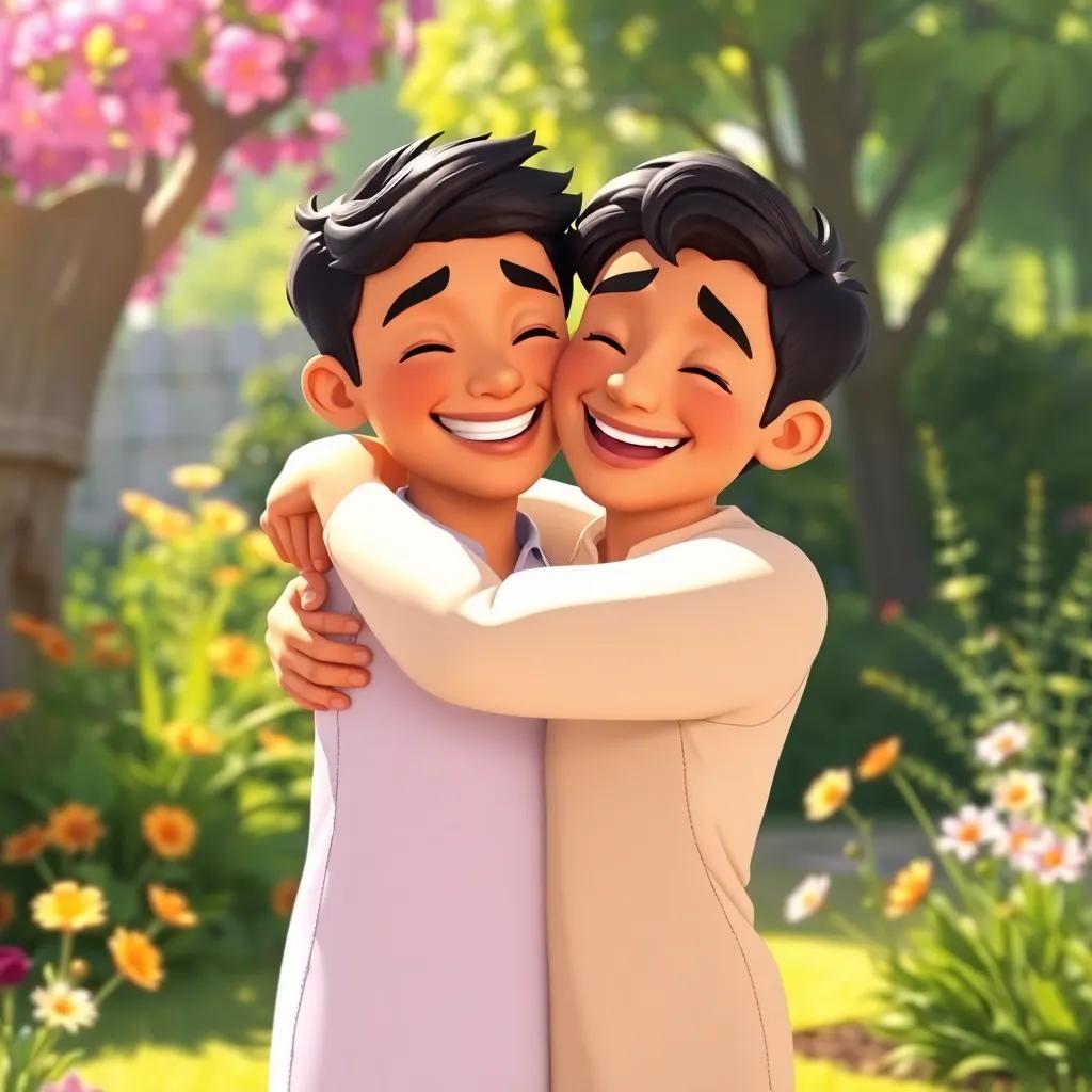 Sami hugging Adel tightly, expressing gratitude with bright smiles in a sunlit garden, heartwarming scene, colorful