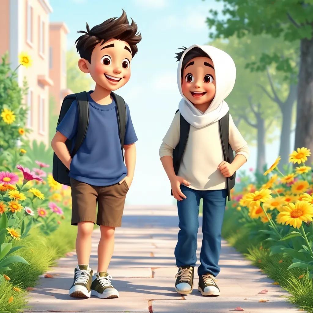 Adel and Sami walking together to school, discussing their favorite games, cheerful and happy expressions, beautiful flowers around them