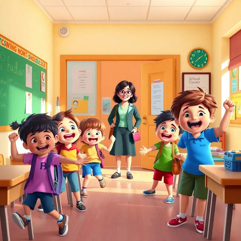 Excited school environment with children playing, their teacher smiling as they enter, vibrant classroom setting, lively atmosphere