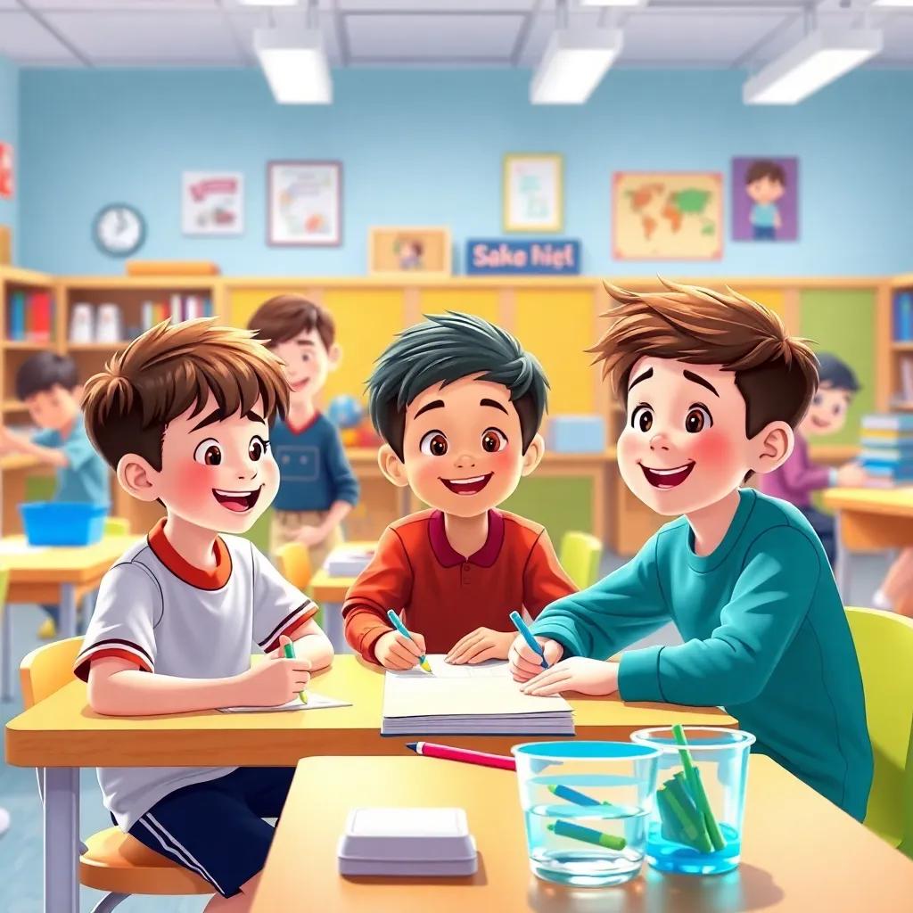 The boys enjoying various activities at school, engaging and having fun, bright classroom filled with colors and joy