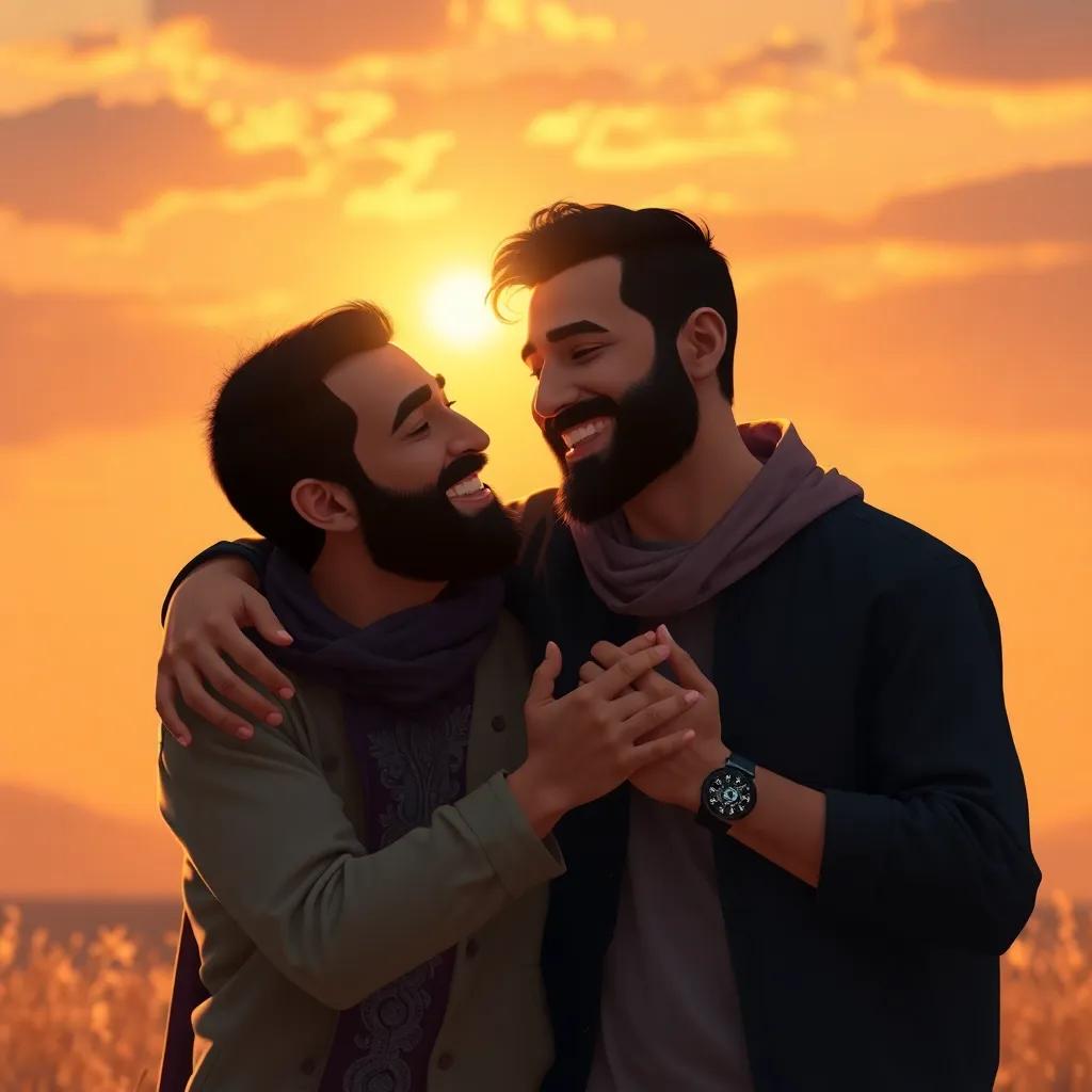 Sami expressing his appreciation to Adel, their friendship shining through with sincere smiles, golden sunset light, uplifting imagery