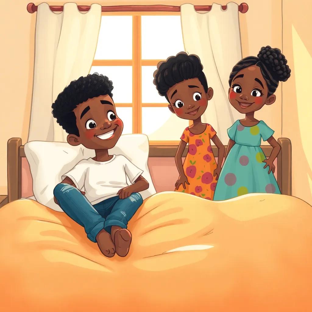 A young Sudanese boy, Abdulrahman, with short black hair wearing a simple t-shirt and jeans, lying in bed with a playful expression, as his sister Mishka, a young Sudanese girl with braided hair wearing a colorful dress, stands beside him trying to wake him up, in a cozy room with sunlight filtering through the window, cheerful, warm light, inviting atmosphere, high quality