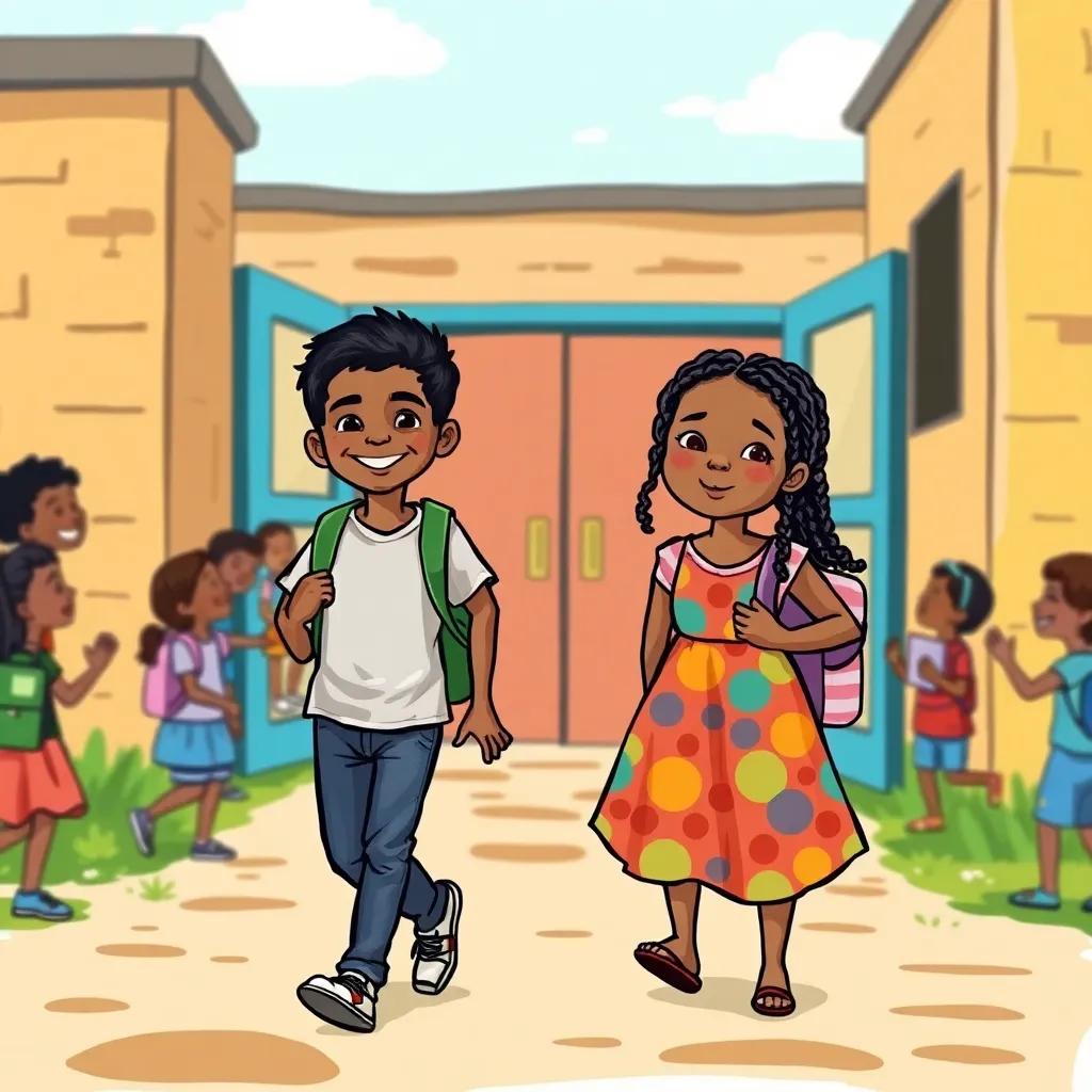 A young Sudanese boy, Abdulrahman, with short black hair wearing a simple t-shirt and jeans, joyfully walking alongside his sister Mishka, a young Sudanese girl with braided hair wearing a colorful dress, entering a school building with their backpacks, surrounded by other children laughing and playing, vibrant colors, community spirit, welcoming environment, high quality