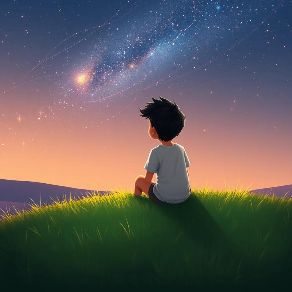 A young Arab boy, Abdul Rahman Osama, gazing at the stars in a clear night sky, sitting on a grassy hill, wearing a simple t-shirt and shorts, with short black hair, digital art, peaceful and dreamy atmosphere, warm colors, high quality