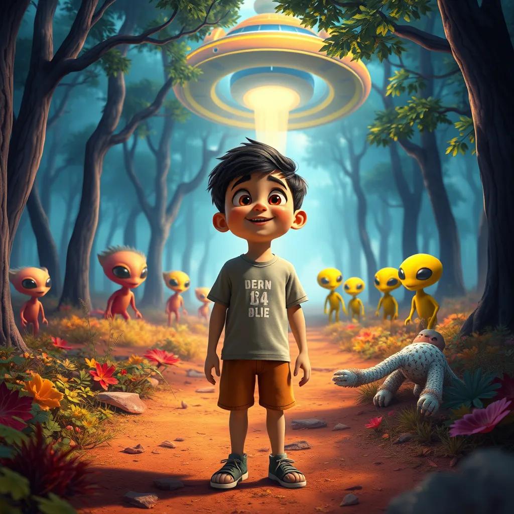 Abdul Rahman Osama, a young Arab boy, discovering a beautiful spaceship in a forest, looking amazed, wearing a t-shirt and shorts, digital painting, colorful aliens in the background, vibrant colors, joyful perspective, high quality