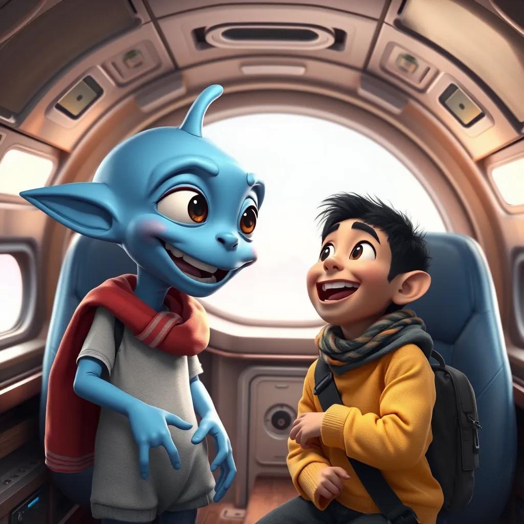 Abdul Rahman Osama, a young Arab boy, excitedly talking to a large blue alien named Zizo, who is smiling, both in a shiny spaceship, wearing casual clothes, digital art, friendly atmosphere, bright colors, inviting perspective, high quality