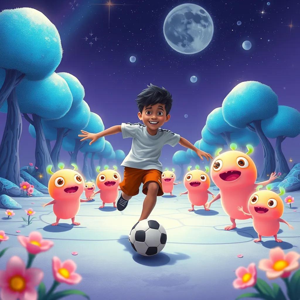 Abdul Rahman Osama playing soccer with friendly glowing creatures on an alien planet, surrounded by blue trees and sparkling flowers, wearing a t-shirt and shorts, digital painting, cheerful and colorful, lively atmosphere, high quality