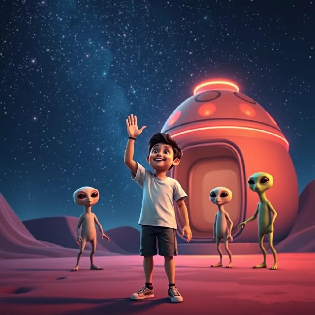 Abdul Rahman Osama waving goodbye to Zizo and the friendly aliens, standing in front of the spaceship, night sky filled with stars above, wearing a t-shirt and shorts, digital art, heartwarming scene, warm colors, high quality