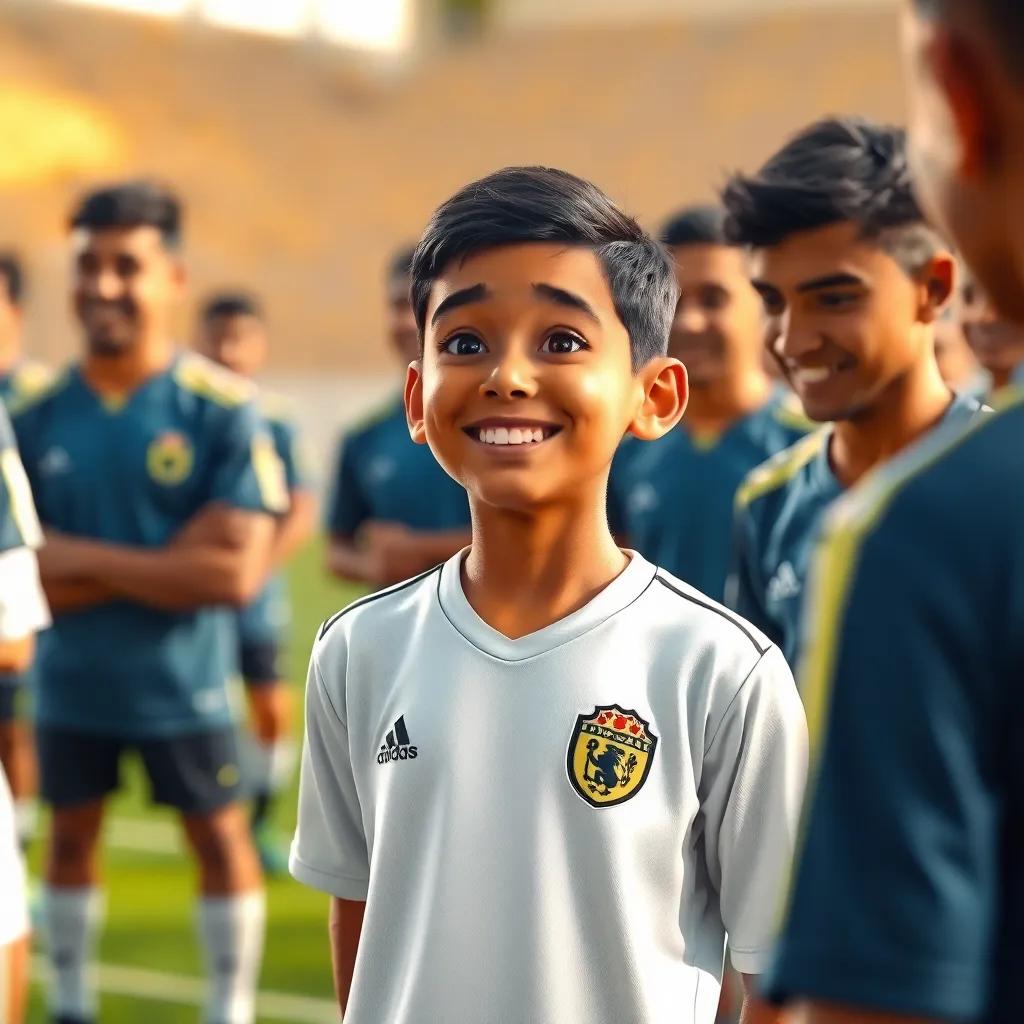 Abdallah Al-Saeed, a young Arab boy with short black hair, in a white football jersey, smiling joyfully as he listens to his coach, surrounded by teammates in a training session, cheerful setting, warm light, encouraging atmosphere, high quality