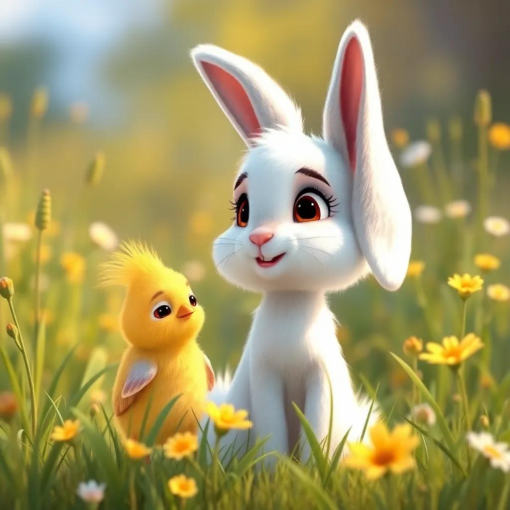 Asfa the rabbit, with fluffy white fur and big ears, standing near a sad little bird with bright yellow feathers, surrounded by tall grass and blooming flowers, illustration, warm light, friendly interaction, inviting scene, child-friendly, high quality