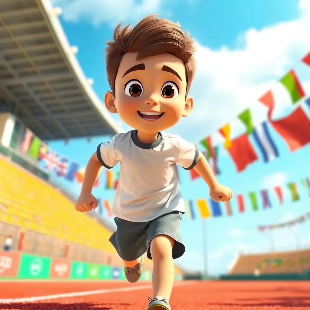 A young Arab boy, Ali, with short brown hair, wearing a sporty t-shirt and shorts, running energetically on a sunny sports field surrounded by colorful flags, digital art, cheerful atmosphere, bright colors, high perspective, vibrant details