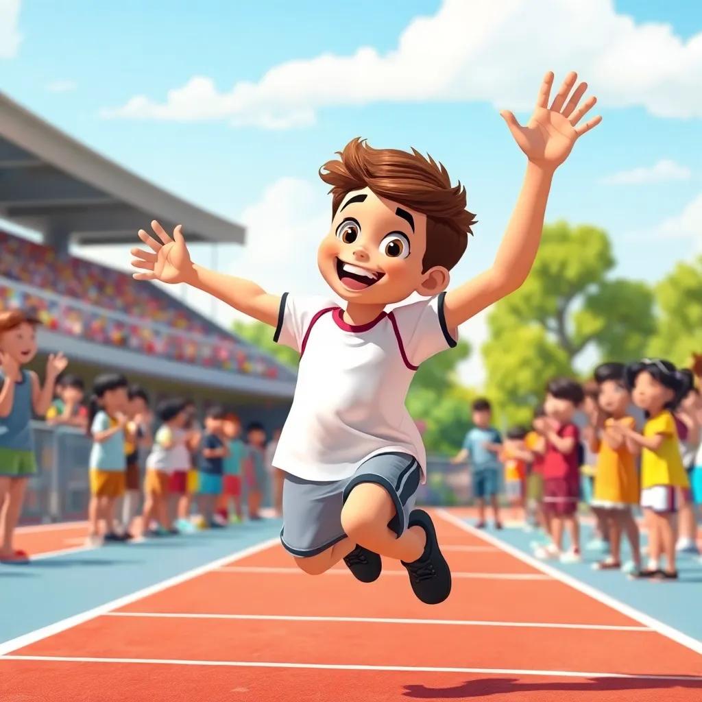 Ali, a young Arab boy with short brown hair, wearing a sporty t-shirt and shorts, jumping with enthusiasm in a long jump event on a sunny day, surrounded by classmates cheering, digital illustration, vivid colors, encouraging atmosphere, action shot