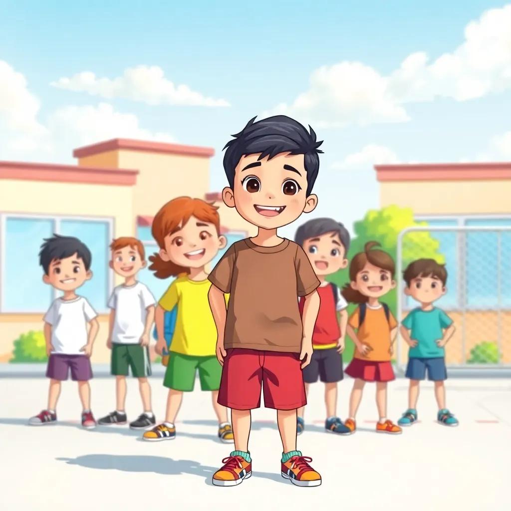 A group of cheerful children, including Ali, a young Arab boy with short black hair, wearing a t-shirt and shorts, standing in the school yard on a sunny day, excited for sports activities, digital art, bright colors, lively atmosphere, high quality