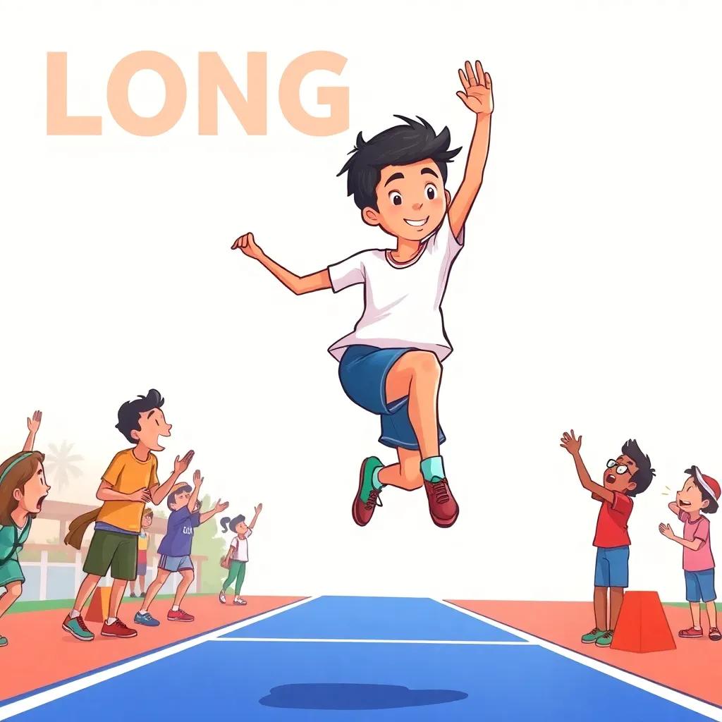 Ali, a young Arab boy with short black hair in a t-shirt and shorts, jumping high in the air during the long jump, with friends cheering around him, vibrant colors, action shot, energetic scene, high quality