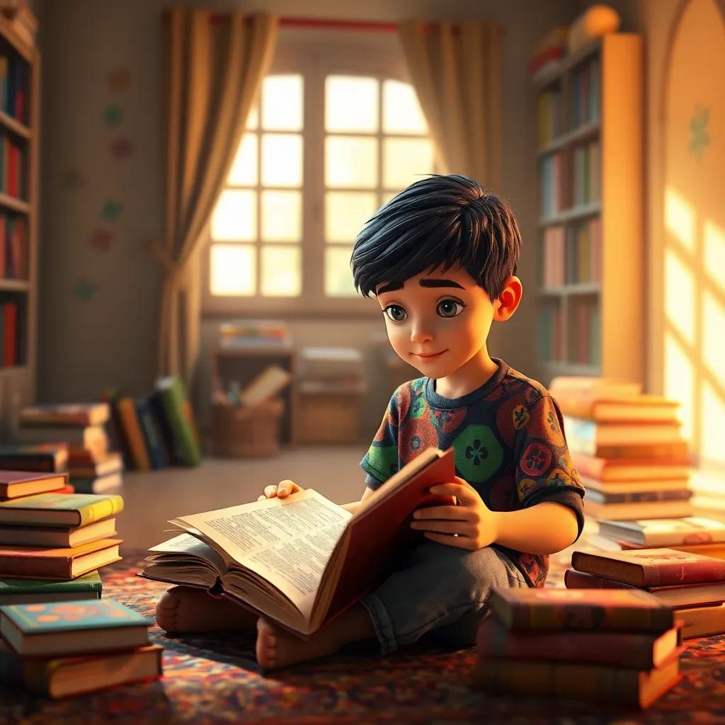 A young boy, Ali, with short black hair wearing a colorful shirt, sitting on a carpet surrounded by colorful books, reading a mysterious old book with torn pages, bright room with light shining in, cozy atmosphere, detailed digital art, vibrant colors, inviting environment, high quality