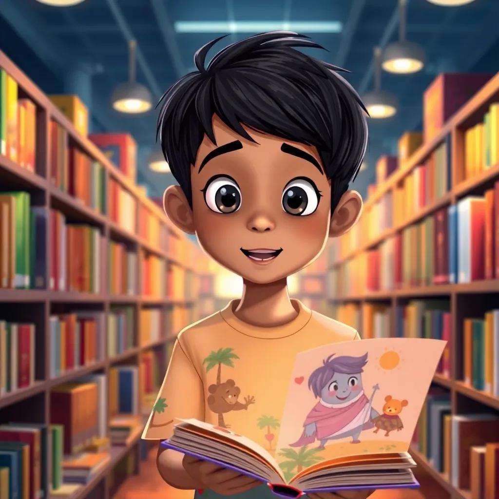 Ali, a young boy with short black hair, wearing a colorful shirt, standing in a busy library filled with shelves of books, looking excited as he finds a special book with beautiful illustrations, warm light, lively ambiance, illustration, child-friendly, high quality