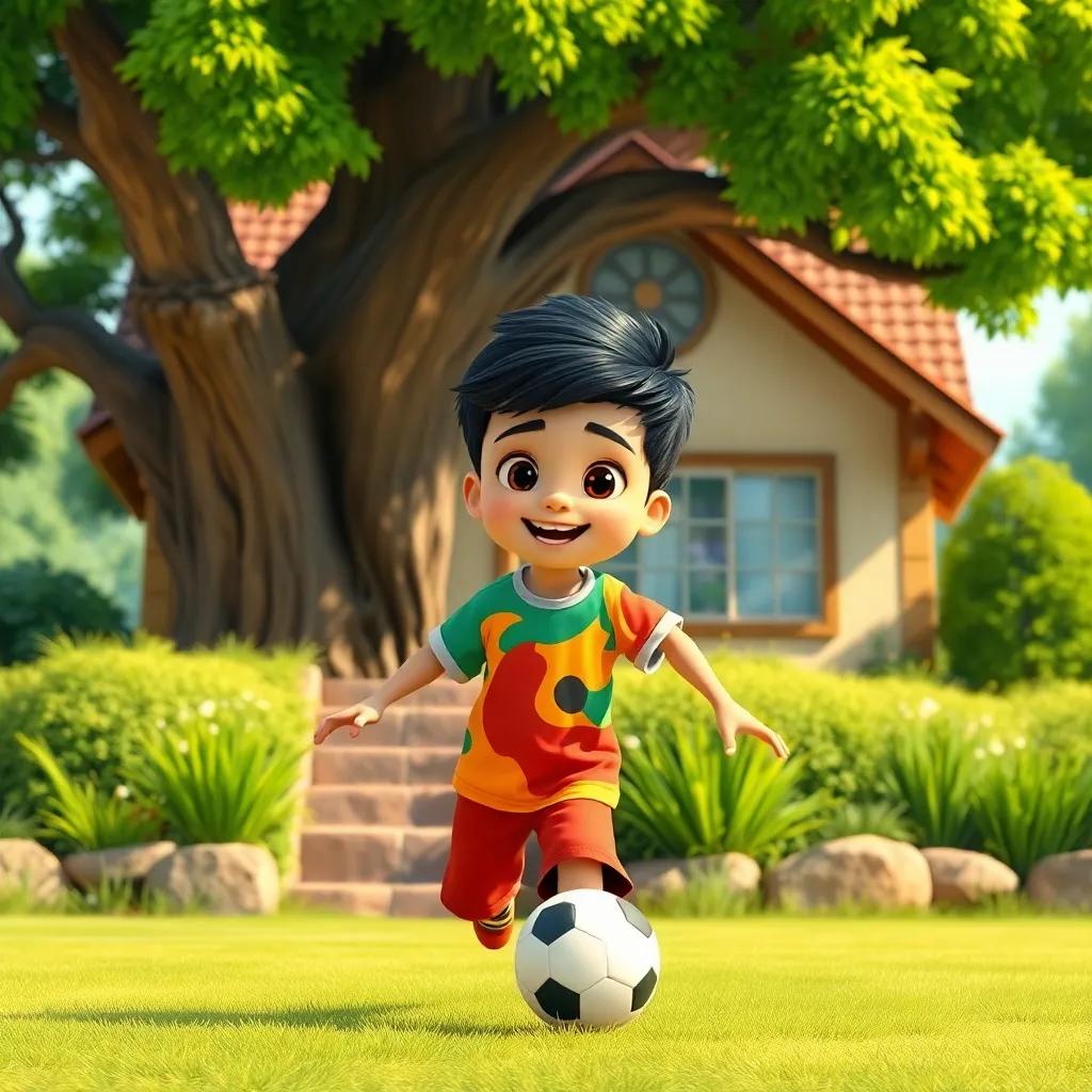 A young Arab boy, Ali, with short black hair, wearing a colorful t-shirt and shorts, playing football in front of a house with green grass and a big tree, cheerful atmosphere, sunny day, vibrant colors, digital art