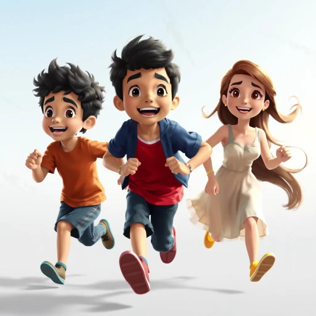 Ali's friends, Karim, a young Arab boy with curly hair and a blue shirt, Sami, a young Arab boy with straight black hair and a red shirt, and Diana, a young Arab girl with long brown hair in a light dress, running together, laughter and excitement in the air, detailed art, colorful and lively