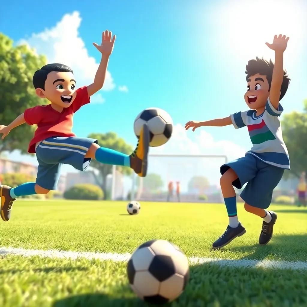 The kids are passing the ball quickly, with Ali kicking the ball while Karim celebrates scoring a goal, joyful expressions, bright sunlight, outdoor scene, high quality
