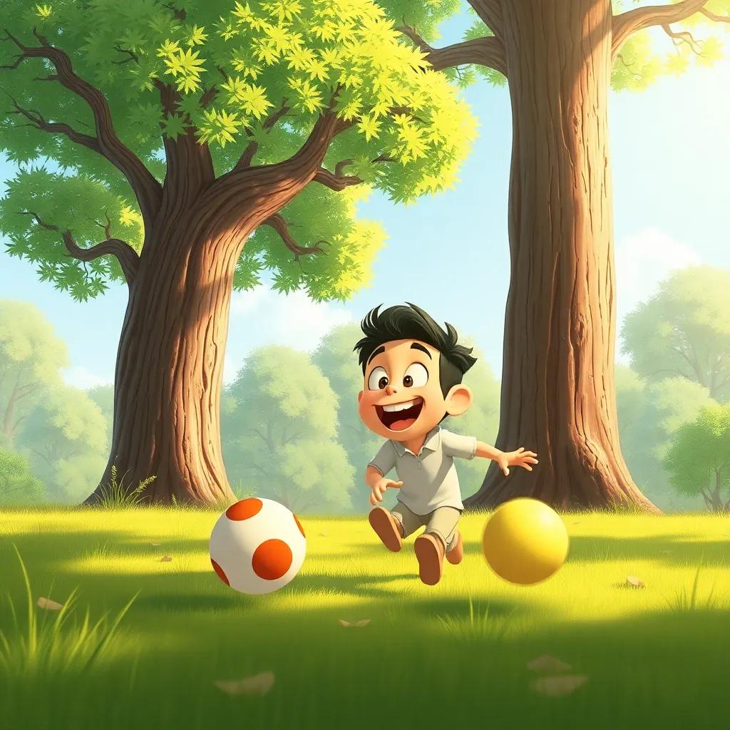 Ali chasing after the ball that rolled away, laughter in his eyes, a tall tree nearby, friendly and playful vibe, illustration, sunny