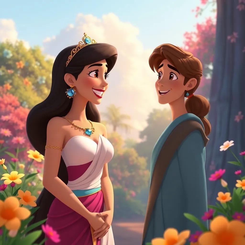 Diana calling out to Ali with a smile, surrounded by colorful flowers and trees, encouraging him, happy expressions, warm light, inviting scene