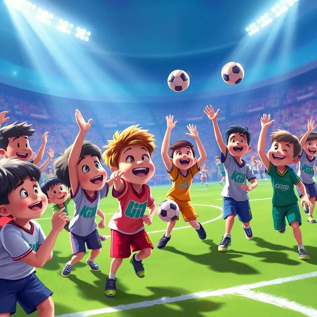 The game continues with all the kids cheering and playing, the atmosphere filled with excitement and teamwork, vibrant background, colorful details, digital painting