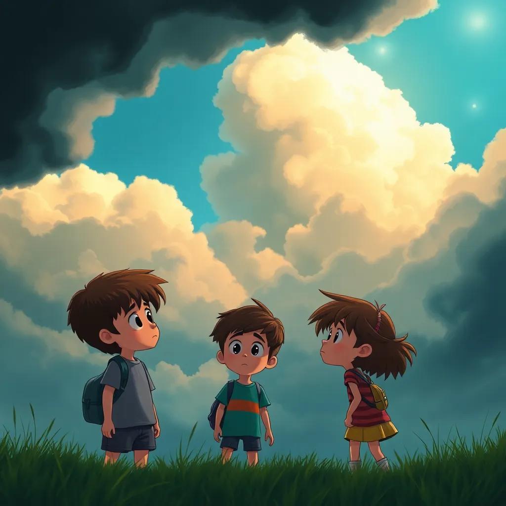 Suddenly dark clouds forming in the sky, the kids exchanging worried looks, the atmosphere changing, realistic shading, dramatic scene, vivid colors