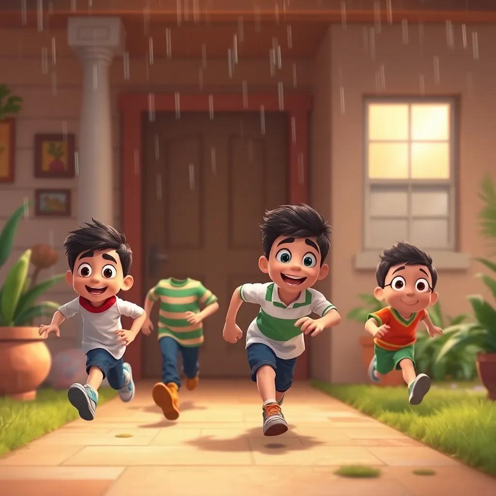 Ali and his friends running towards the house, happy but hurried expressions, raindrops beginning to fall, cozy environment, bright tones