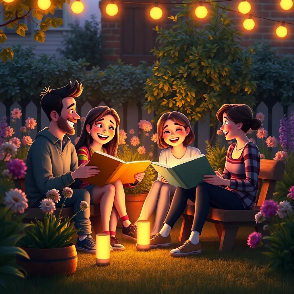 Sitting in the garden together, telling stories with laughter, all friends together, warm lighting creating a cozy feeling, heartwarming scene