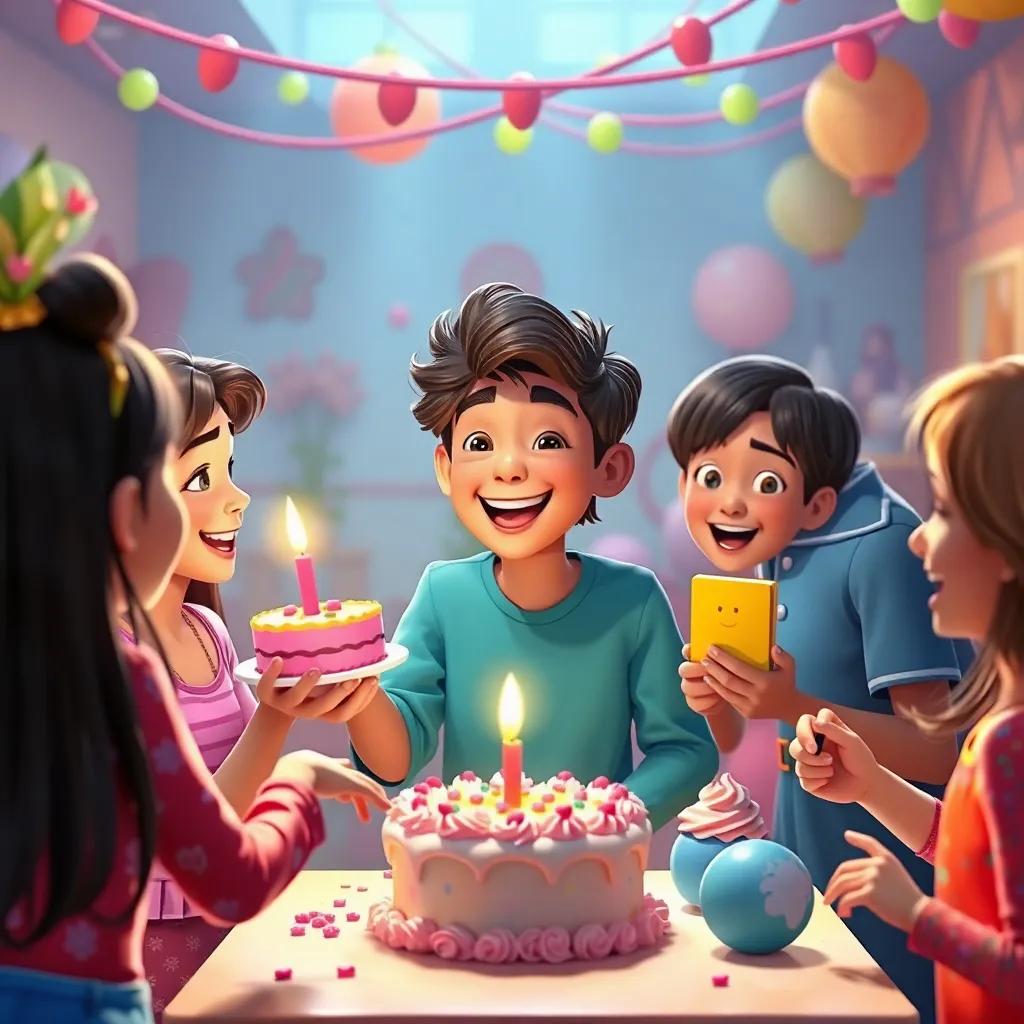 Ali bringing out cakes and toys, joyful moments shared among friends, vibrant atmosphere, cheerful colors, uplifting imagery