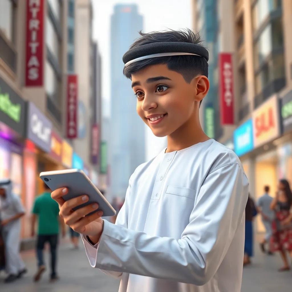 A young Emirati boy, Ali, 16 years old, wearing a modern UAE outfit, excitedly looking at a futuristic AI device in a bustling Dubai street, digital art, vibrant colors, youthful energy, high quality
