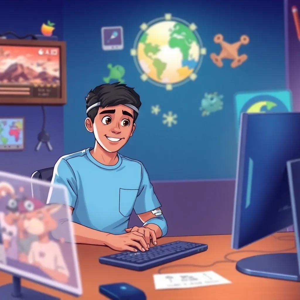 Ali, a 16-year-old Emirati boy in casual attire, sitting at a computer with his friend Hamad, both eagerly discussing game design, surrounded by virtual images and coding scripts, illustration, colorful, inviting atmosphere, high quality