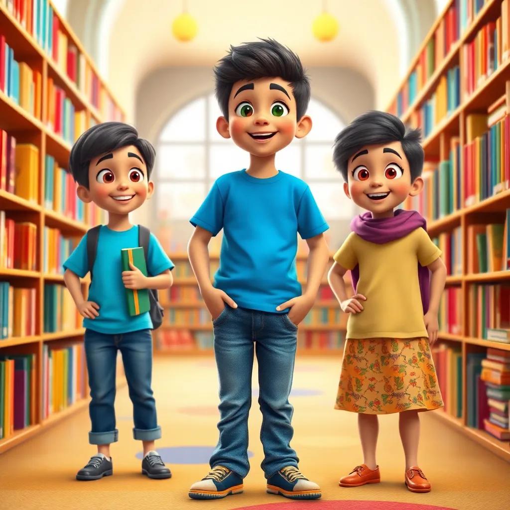 Three siblings in Cairo, with a boy named Imad who is 8 years old, wearing a bright blue t-shirt and jeans, standing excitedly in a colorful library filled with books, digital art, vibrant colors, cheerful atmosphere, high quality