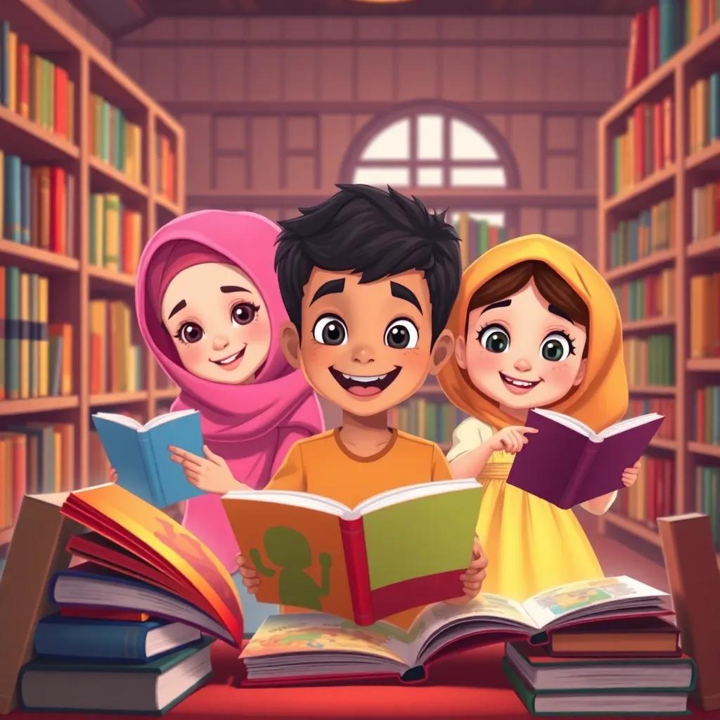 Imad, a cheerful 8-year-old boy, with his two sisters Makkah, 7 years old wearing a pink dress and Jannah, 5 years old in a yellow sundress, exploring colorful books in a cozy library, smiling and pointing at stories, illustration, warm colors, happy faces, storytelling vibe, high quality