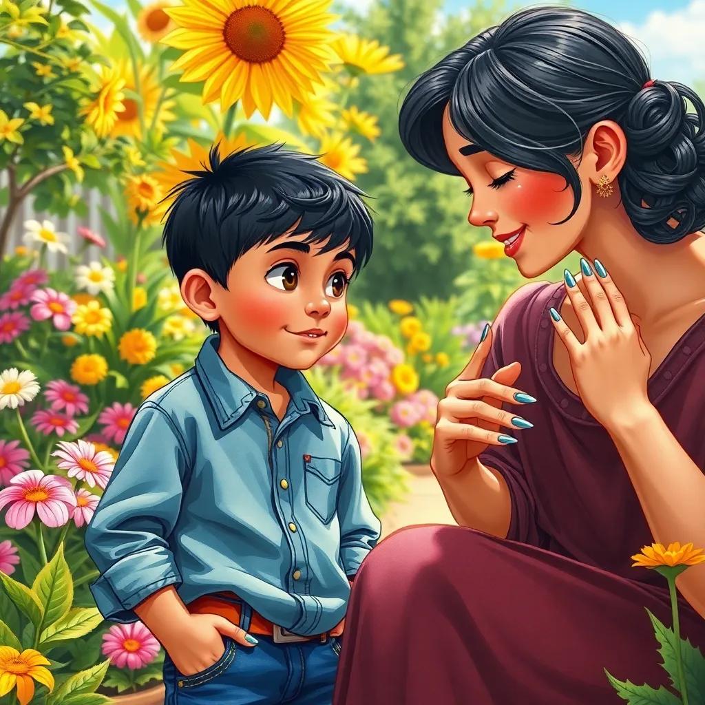 A young boy, Omar, with short black hair, wearing a casual shirt and jeans, looking curiously at his older cousin Sarah with colorful nails, in a sunny garden, cheerful atmosphere, vibrant colors, detailed illustration