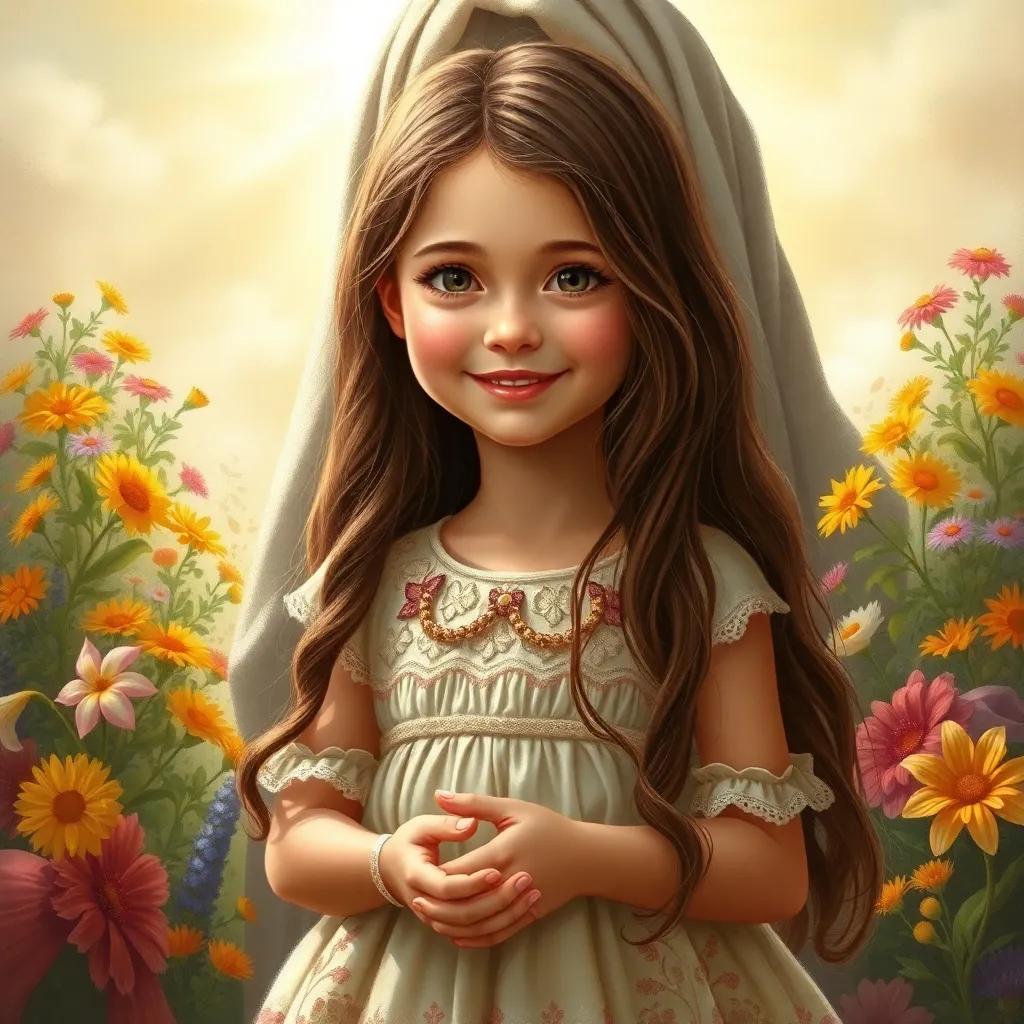 A young girl, Sarah, with long brown hair, wearing a beautiful dress, holding her pretty hands in front of Omar, bright sun shining down, colorful flowers around, happy expression, warm light, detailed, child-friendly art