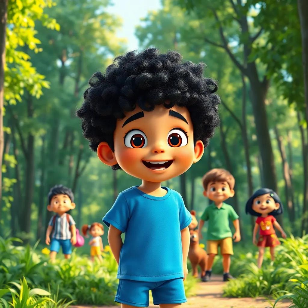 A young boy, Issa, with curly black hair, wearing a bright blue t-shirt and shorts, standing excitedly in a lush green forest with his friends, digital art, vibrant colors, sunny atmosphere, high quality