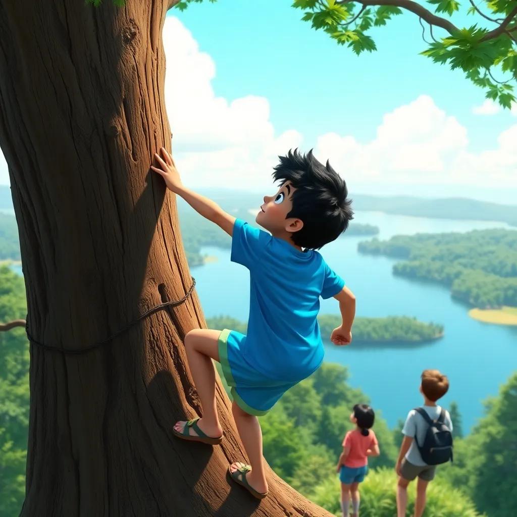 Issa, a young boy with curly black hair in a bright blue t-shirt and shorts, climbing a big tree, looking amazed at the view of a lake from the top, surrounded by friends, realistic, uplifting, cheerful scene, high quality