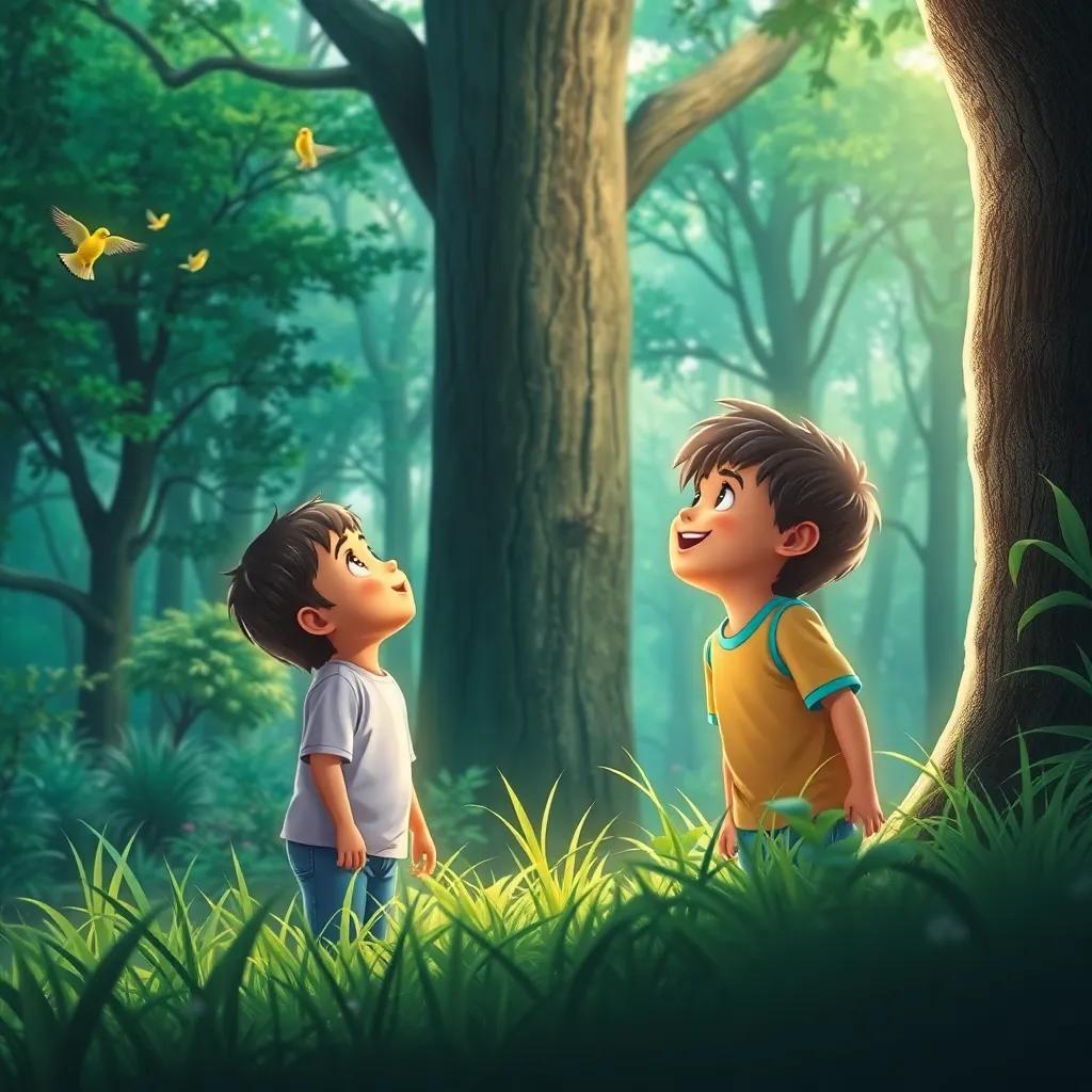 Isa and Suhaib in a lush green forest, looking excitedly at a big tree while listening to birds, playful light, nature-filled scene, child-friendly, detailed
