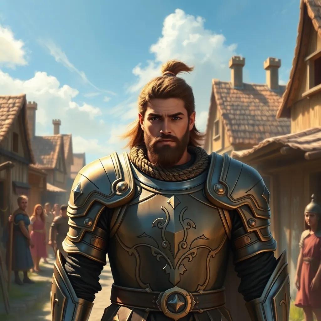 A brave man named Ali, wearing shining armor and a determined expression, standing in a sunny village street filled with terrified villagers, digital art, vibrant colors, heroic atmosphere, high quality