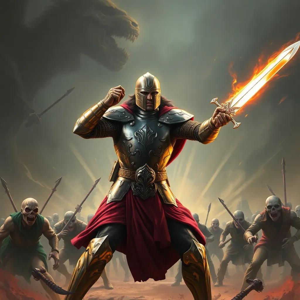 Ali, a brave man in shining armor, fiercely fighting against a group of zombies in a dramatic battle scene, with a shiny sword raised high, digital art, intense colors, action-packed view, high quality