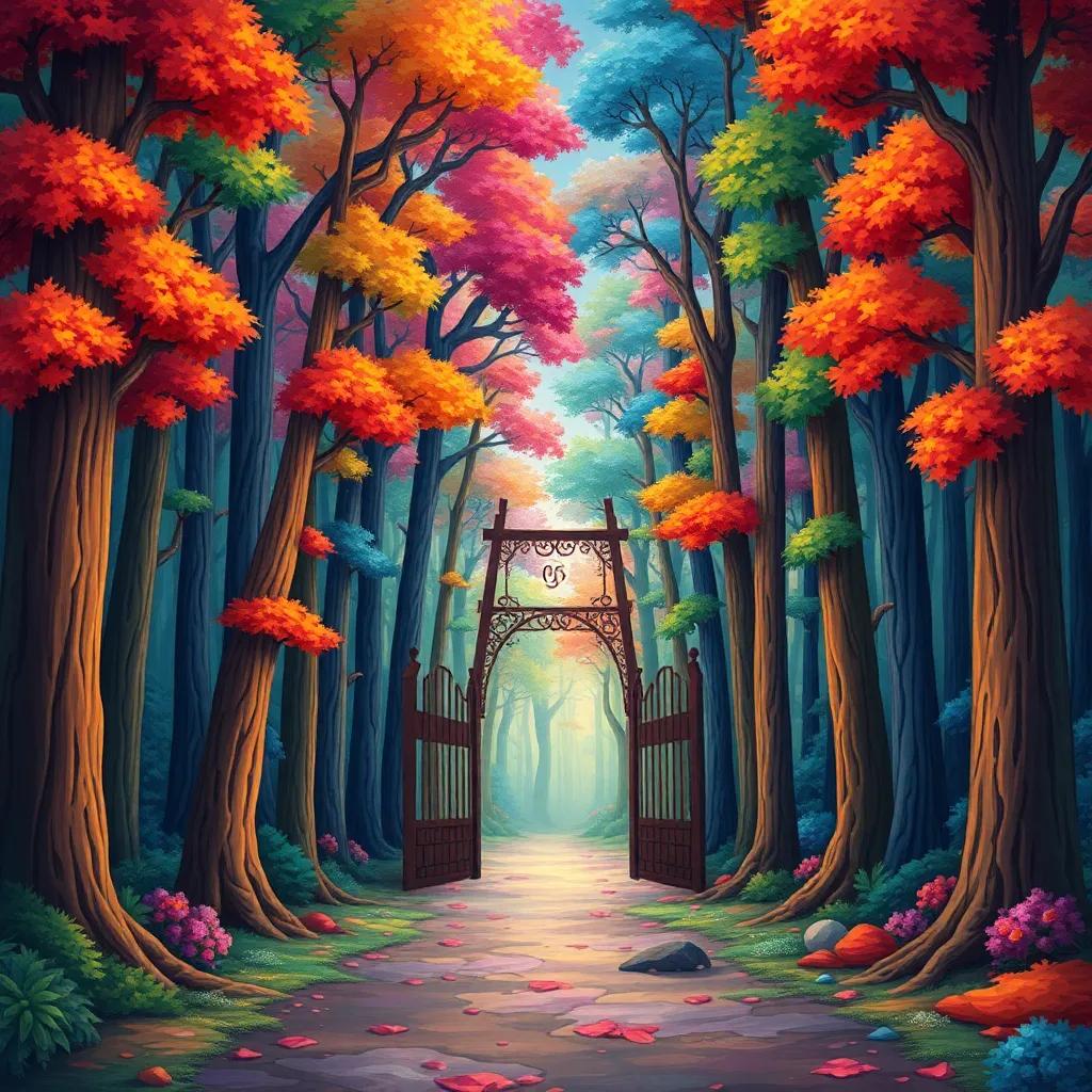A magical forest filled with tall trees in vibrant colors, an open gate leading into the forest, cheerful and whimsical, illustration, bright colors, immersive atmosphere, high quality