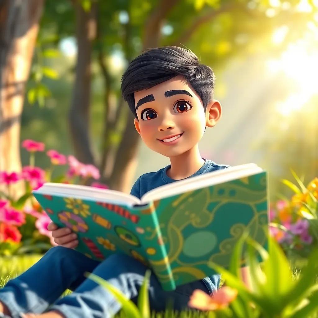 A young Arab boy, Ahmad, with short black hair, wearing a blue t-shirt and jeans, sitting in a garden with a big colorful book, sunlight shining down, vibrant colors, cheerful atmosphere, high quality