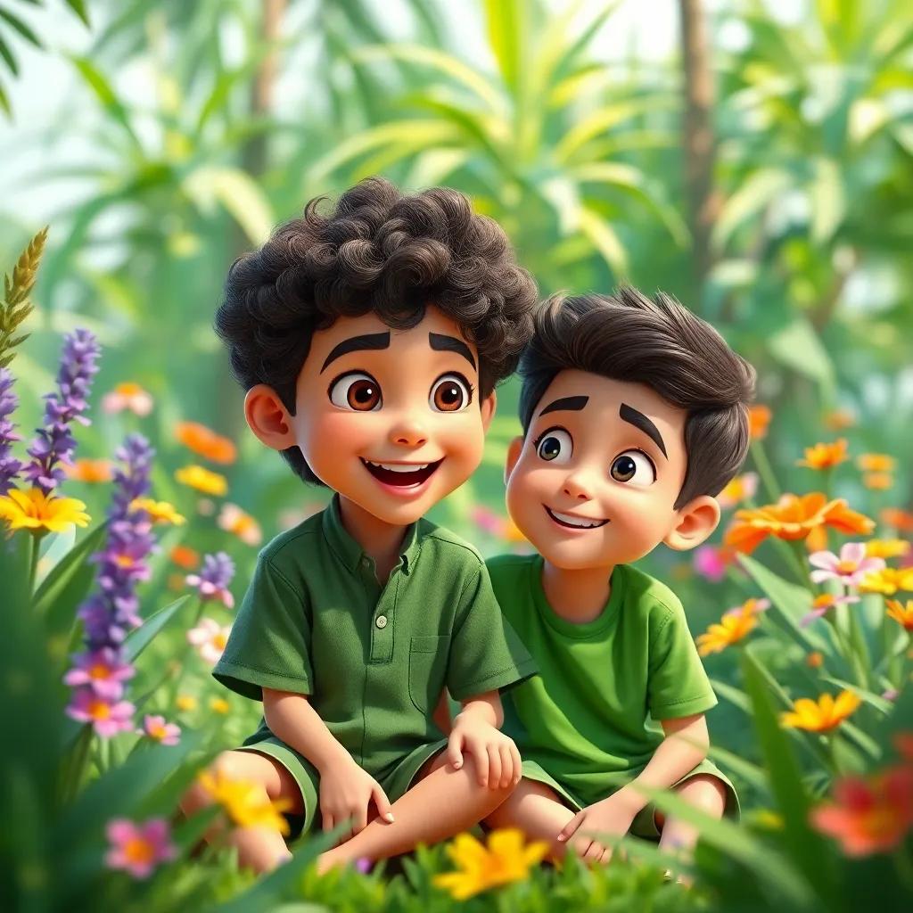 A young Arab boy, Aasim, with curly hair, wearing a green shirt and shorts, sitting next to Ahmad, looking excited, surrounded by lush greenery and colorful flowers, digital art, bright and lively, inviting perspective, playful mood