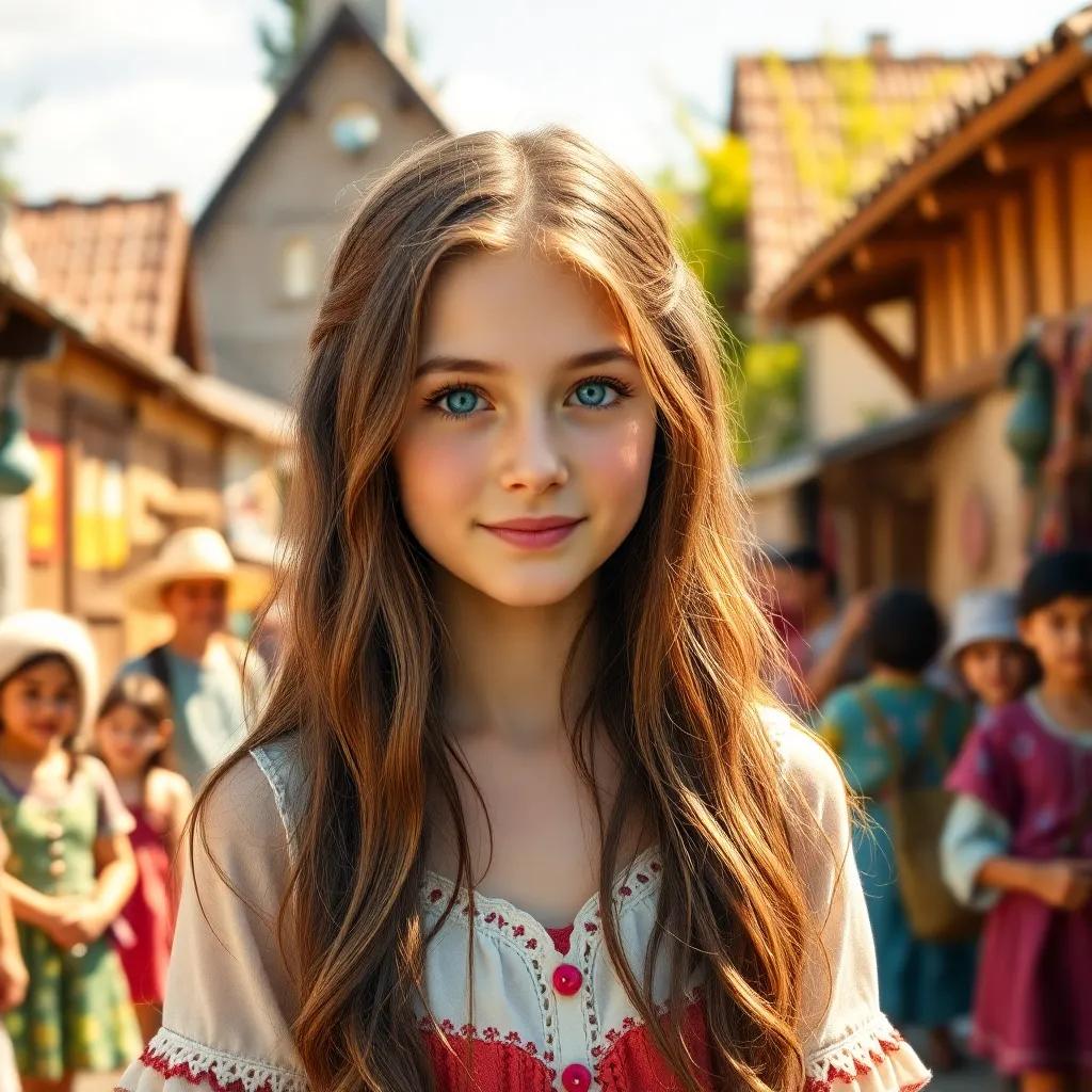 A beautiful young girl, Victoria, with long brown hair and enchanting blue eyes, standing in a sunny village surrounded by friendly villagers, cheerful atmosphere, vibrant colors, warm light, inviting scene, high quality
