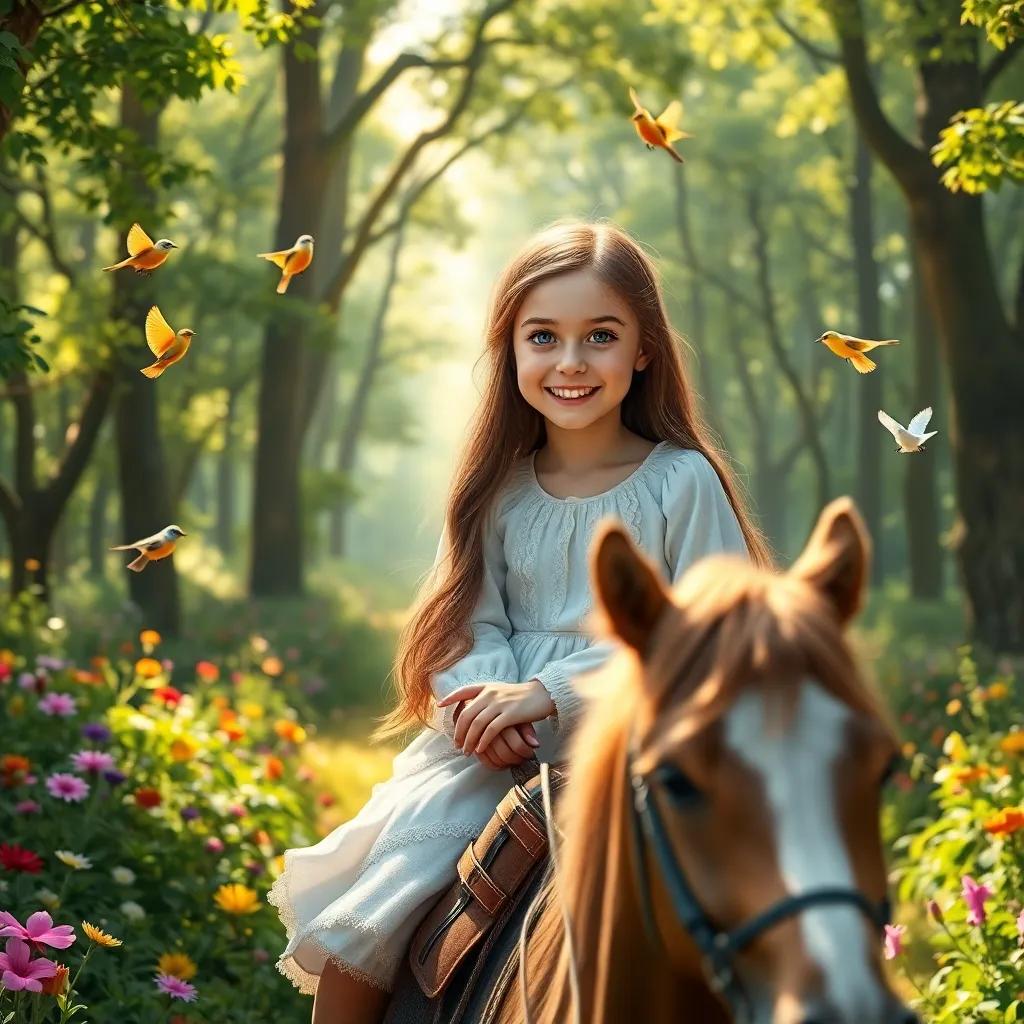 Victoria, a beautiful young girl with long brown hair and blue eyes, riding joyfully on a horse through a lush green forest, surrounded by colorful flowers and singing birds, bright sunlight streaming through trees, playful mood, digital art, enchanting ambiance