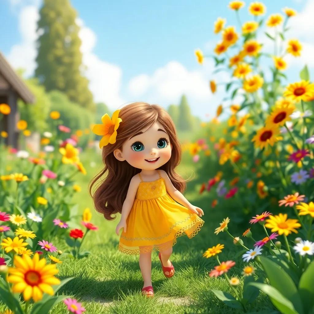 A young girl, Flora, with long brown hair wearing a bright summer dress, playing in a sunny garden with colorful flowers around her, digital art, cheerful atmosphere, vivid colors, high quality