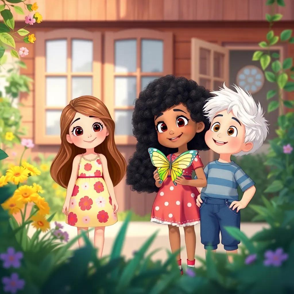 Flora, a young girl with long brown hair in a bright summer dress, surrounded by a cozy home garden, next to her sister Tasha with curly black hair in a playful outfit holding a butterfly, and brother Snow, a young boy with white fluffy hair, looking amazed, all smiling, bright day, family joy, illustration, child-friendly, happy scene