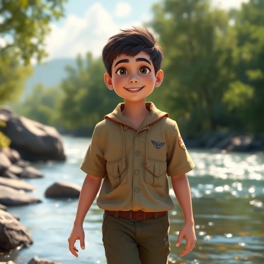 A young boy, Fahd, wearing a scout uniform, walking beside a beautiful river with flowing water, sunlight reflecting colors on the surface, digital art, vibrant atmosphere, cheerful and inviting, high quality