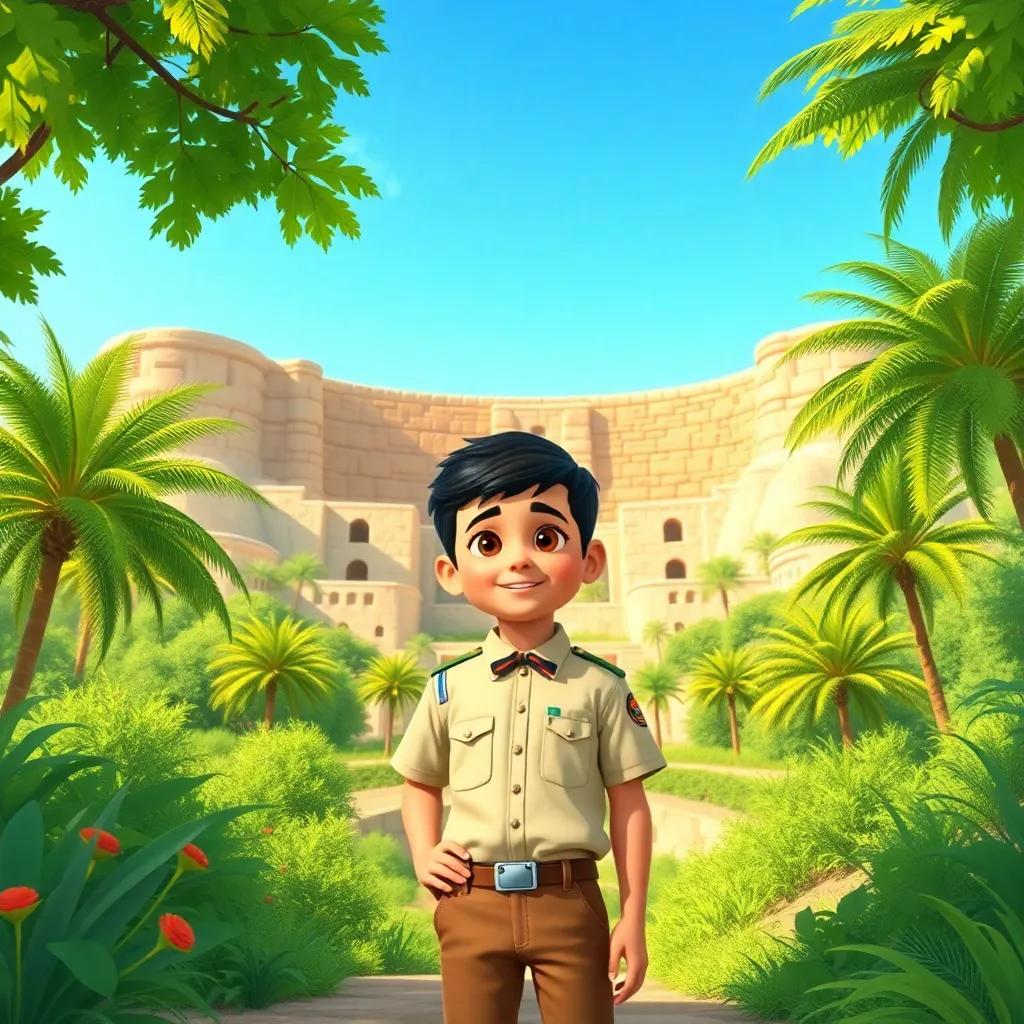 Fahd, a young boy in a scout uniform, standing in front of the amazing UNESCO World Heritage site of Um Al-Falaj, with lush greenery around and a clear blue sky above, illustration, bright colors, nature-themed, engaging for children